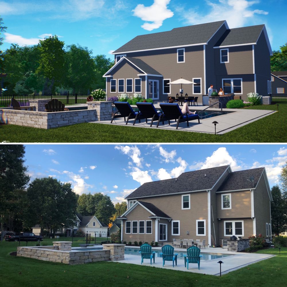 Design rendering and after photo of pool area hardscape.