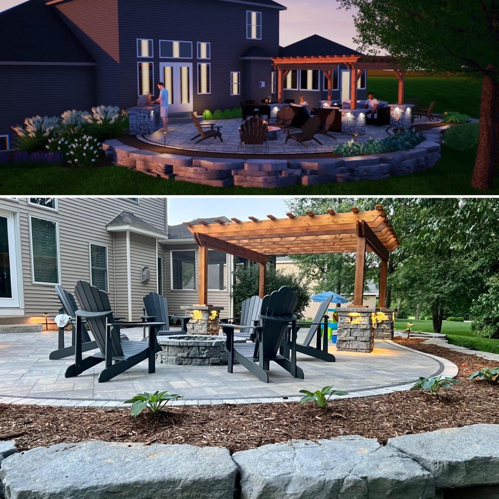 Design rendering and after photo of new patio and pergola.