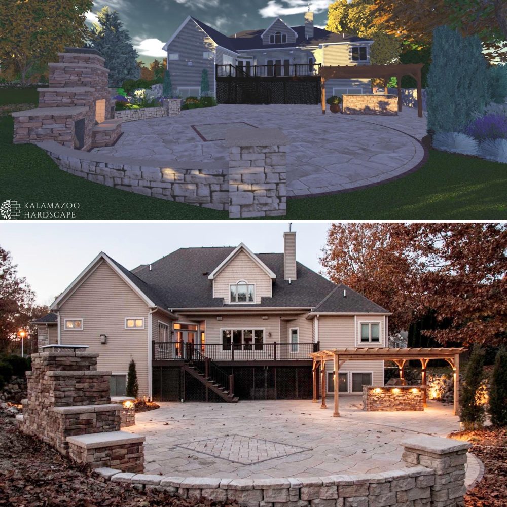 Design rendering and after photo of new patio and retaining wall.