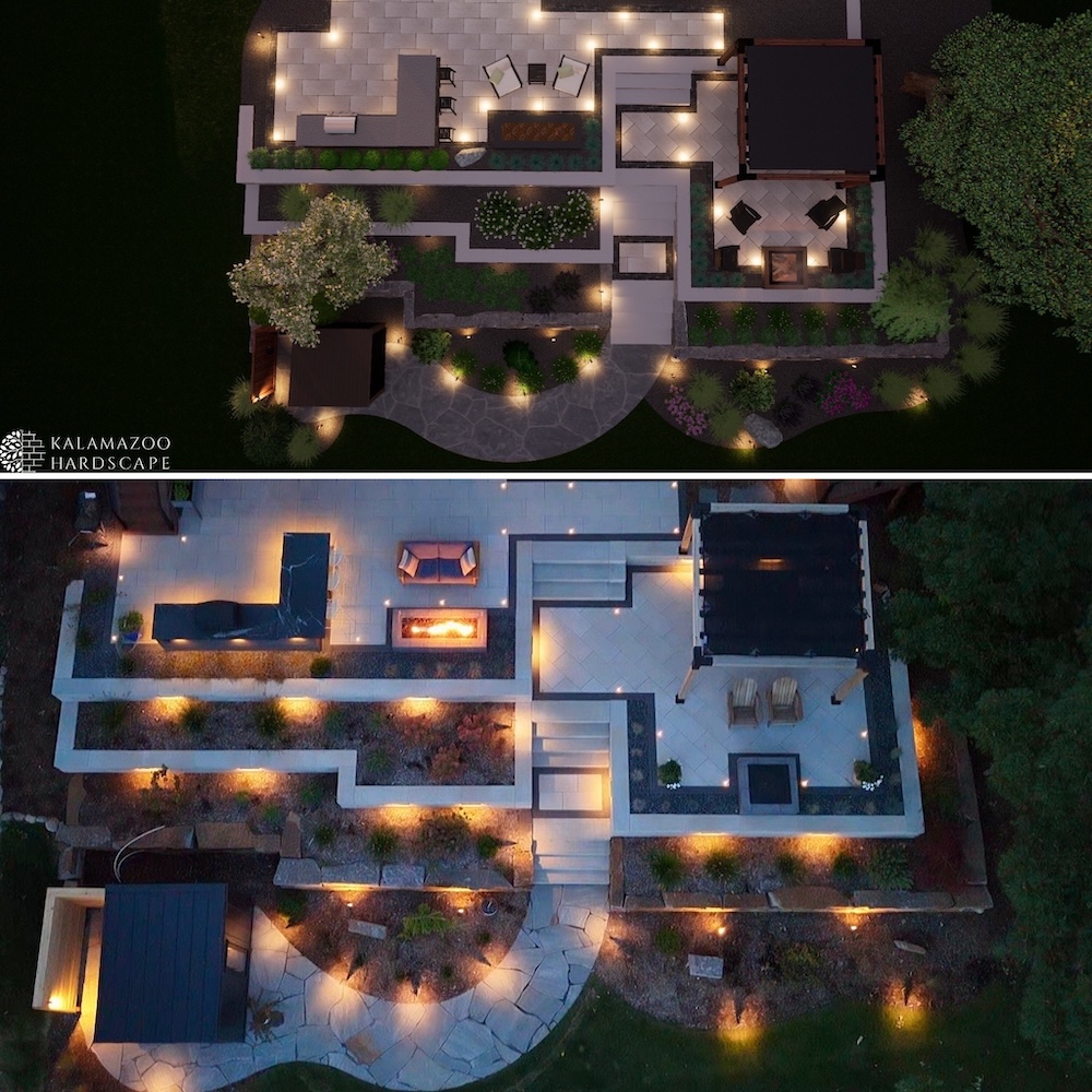 Aerial view of a well-lit, modern backyard patio with pathways, seating, and landscaped areas at night.